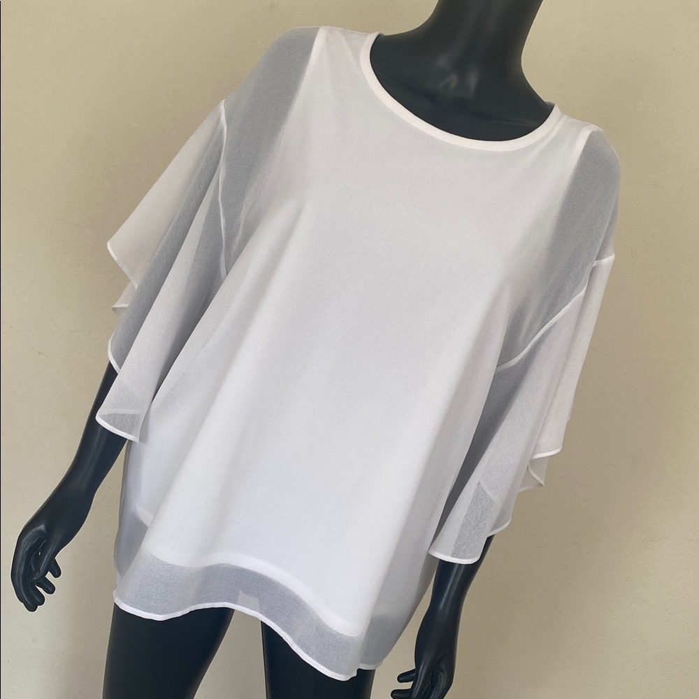 Donna Karan White Sheer Ruffle Sleeve Blouse - Picture 1 of 12